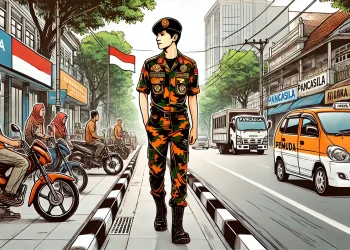 Ilustrasi anggota ormas berjalan di trotoar