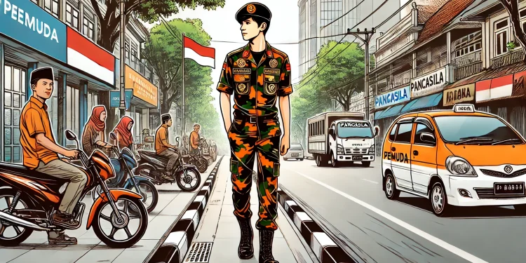 Ilustrasi anggota ormas berjalan di trotoar