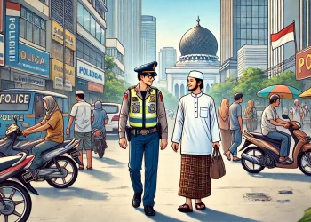 Ilustrasi polisi dan santri berjalan bersama