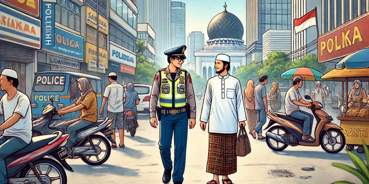 Ilustrasi polisi dan santri berjalan bersama