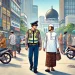 Ilustrasi polisi dan santri berjalan bersama
