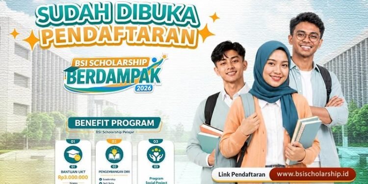 Pendaftaran BSI Scholarship Berdampak 2026 dibuka mulai 13 Juli hingga 17 Agustus 2026. Tahapan seleksi akan berlangsung pada 8–17 Agustus 2026, sedangkan hasil akhir akan diumumkan pada 18 Agustus 2026. Informasi lengkap mengenai persyaratan, mekanisme pendaftaran, dan daftar perguruan tinggi mitra dapat diakses melalui www.bsischolarship.id.